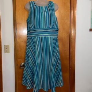 Shades of blue woven stripes lined sleeveless dress